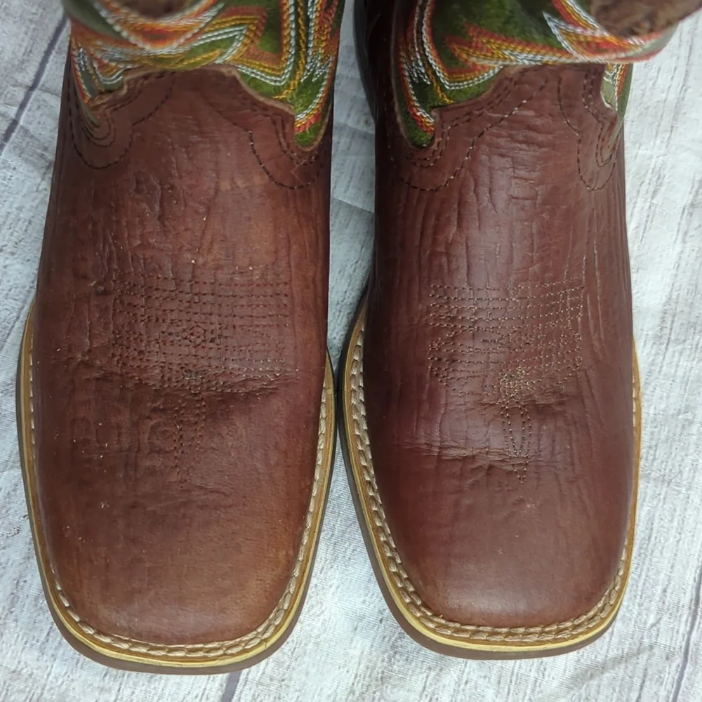 Durango Brown Leather Kids Cowboy Boots with Green Embroidered Shaft